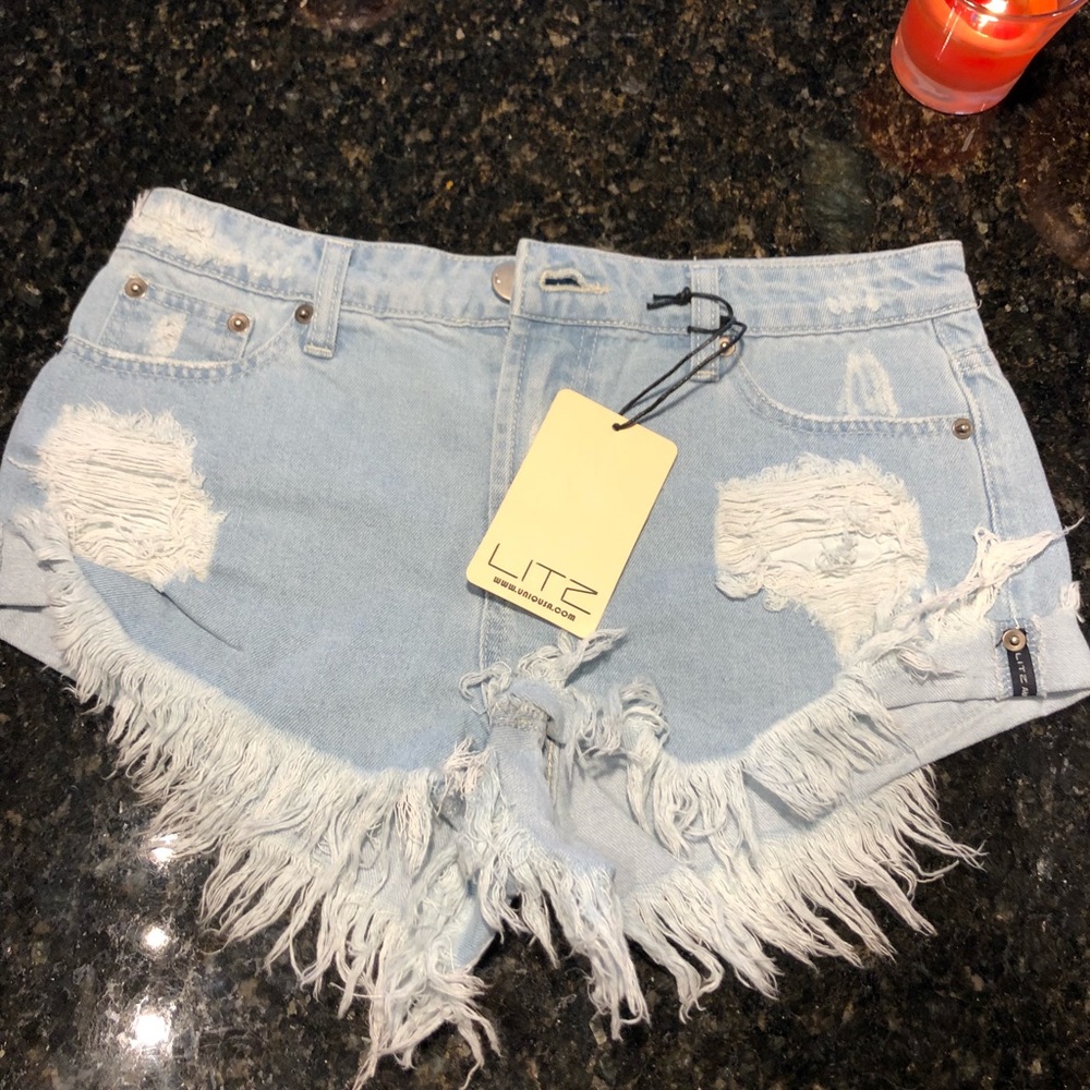 Light Wash Frayed Denim Shorts
